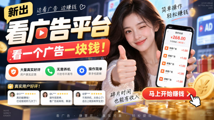 新出看广告平台，看一个广告一块钱，大量真实好评！无需养机、不会黑号，操作简单【揭秘】 - 创业吧创业吧,副业网,副业项目,网创项目,创业项目,赚钱平台,免费项目分享,手机搬砖,无货源电商,抖音工具箱,搬砖项目,网络赚钱,AI短剧,AI动漫制作创业吧
