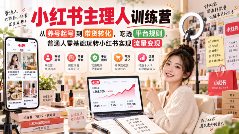 小红书主理人训练营，从养号起号到带货转化，吃透平台规则，普通人零基础玩转小红书实现流量变现 - 创业吧创业吧,副业网,副业项目,网创项目,创业项目,赚钱平台,免费项目分享,手机搬砖,无货源电商,抖音工具箱,搬砖项目,网络赚钱,AI短剧,AI动漫制作创业吧