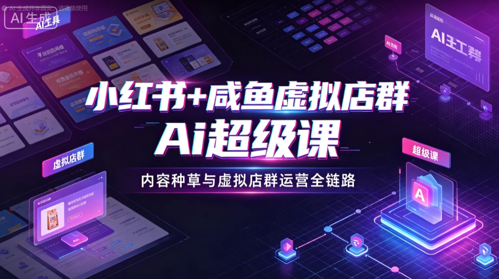【精】小红书+咸鱼虚拟店群Ai超级课,内容种草与虚拟店群运营全链路 - 创业吧创业吧,副业网,副业项目,网创项目,创业项目,赚钱平台,免费项目分享,手机搬砖,无货源电商,抖音工具箱,搬砖项目,网络赚钱,AI短剧,AI动漫制作创业吧