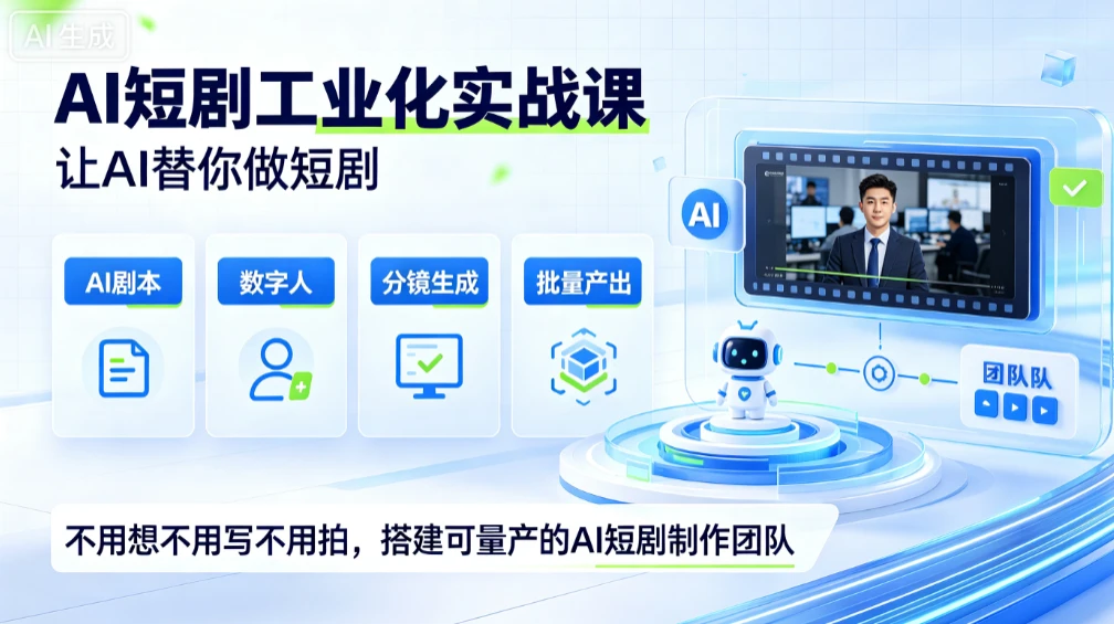 【精】AI短剧工业化实战课,让AI替你做短剧,不用想不用写不用拍,搭建可量产的AI短剧制作团队 - 创业吧创业吧,副业网,副业项目,网创项目,创业项目,赚钱平台,免费项目分享,手机搬砖,无货源电商,抖音工具箱,搬砖项目,网络赚钱,AI短剧,AI动漫制作创业吧