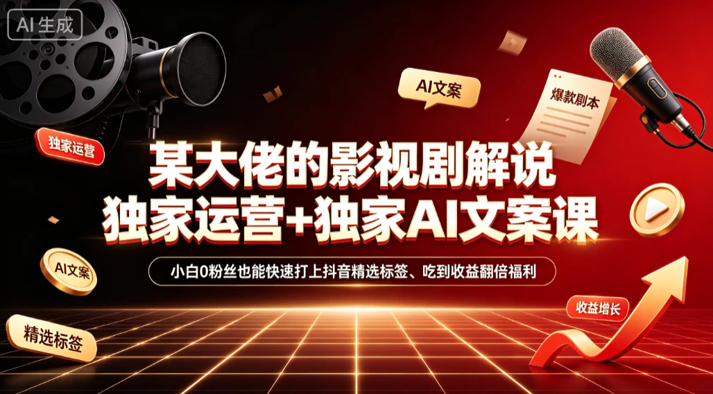 【精】某大佬的影视剧解说独家运营+独家AI文案课,小白0粉丝也能快速打上抖音精选标签、吃到收益翻倍福利 - 创业吧创业吧,副业网,副业项目,网创项目,创业项目,赚钱平台,免费项目分享,手机搬砖,无货源电商,抖音工具箱,搬砖项目,网络赚钱,AI短剧,AI动漫制作创业吧