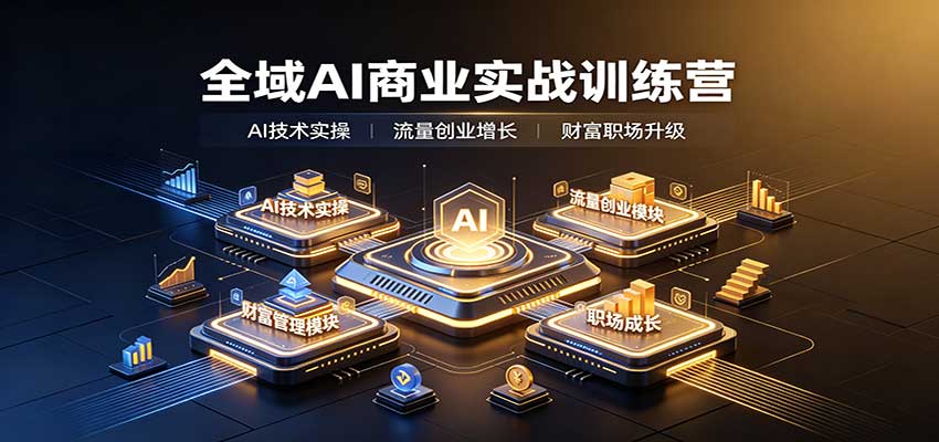 全域AI商业实战训练营：涵盖AI技术实操、流量创业、财富管理与职场成长全体系内容 - 创业吧创业吧,副业网,副业项目,网创项目,创业项目,赚钱平台,免费项目分享,手机搬砖,无货源电商,抖音工具箱,搬砖项目,网络赚钱,AI短剧,AI动漫制作创业吧