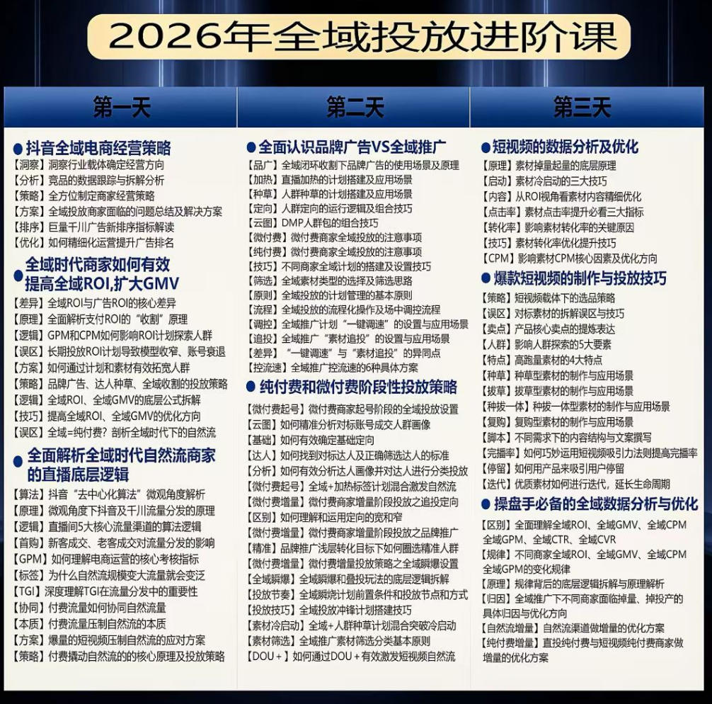 【精】千川扫地僧2026抖音全域投放进阶课,少走弯路·快速起量·掌控增长,6月12-14号杭州线下课(26年7月更新) - 创业吧创业吧,副业网,副业项目,网创项目,创业项目,赚钱平台,免费项目分享,手机搬砖,无货源电商,抖音工具箱,搬砖项目,网络赚钱,AI短剧,AI动漫制作创业吧