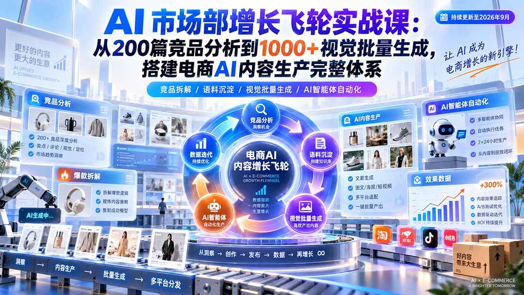 (20436期)AI 市场部增长飞轮实战课:从200篇竞品分析到1000+视觉批量生成,搭建电商AI内容生产完整体系创业吧,副业网,副业项目,网创项目,创业项目,赚钱平台,免费项目分享,手机搬砖,无货源电商,抖音工具箱,搬砖项目,网络赚钱,AI短剧,AI动漫制作创业吧