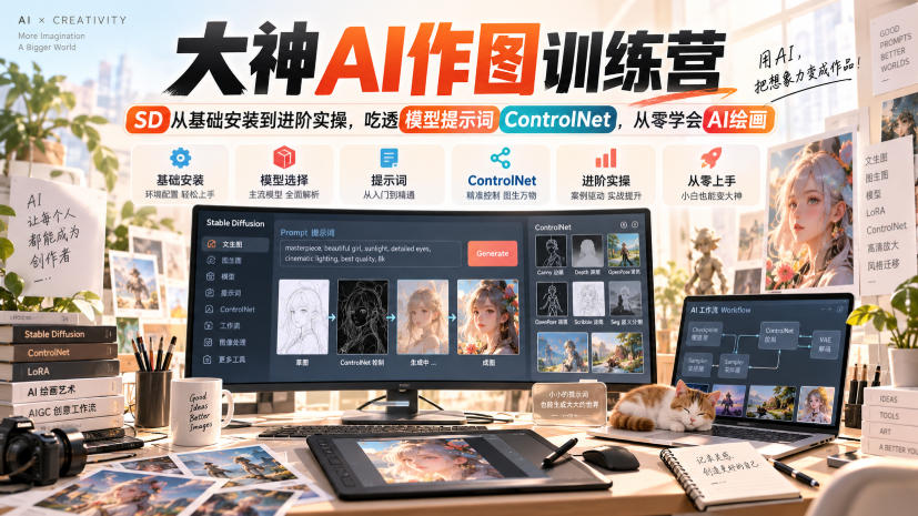 大神AI作图训练营，SD从基础安装到进阶实操，吃透模型提示词ControlNet，从零学会AI绘画创业吧,副业网,副业项目,网创项目,创业项目,赚钱平台,免费项目分享,手机搬砖,无货源电商,抖音工具箱,搬砖项目,网络赚钱,AI短剧,AI动漫制作创业吧