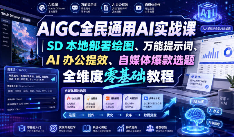 【精】AIGC全民通用AI实战课｜SD本地部署绘图、万能提示词、AI办公提效、自媒体爆款选题全维度零基础教程创业吧,副业网,副业项目,网创项目,创业项目,赚钱平台,免费项目分享,手机搬砖,无货源电商,抖音工具箱,搬砖项目,网络赚钱,AI短剧,AI动漫制作创业吧