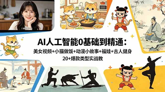 【精】AI人工智能0基础到精通：美女视频+小猫做饭+动漫小故事+福娃+古人健身，20+爆款类型实战教学创业吧,副业网,副业项目,网创项目,创业项目,赚钱平台,免费项目分享,手机搬砖,无货源电商,抖音工具箱,搬砖项目,网络赚钱,AI短剧,AI动漫制作创业吧