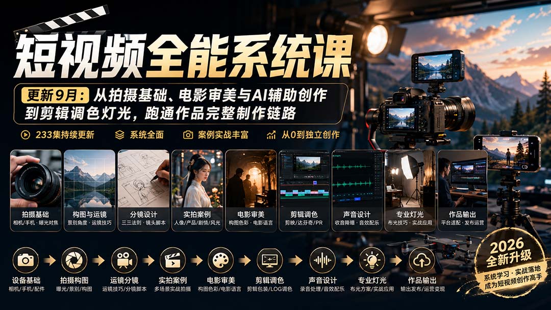 短视频全能系统课-9月完整版：从拍摄基础、电影审美与AI辅助创作到剪辑调色灯光，跑通作品完整制作链路创业吧,副业网,副业项目,网创项目,创业项目,赚钱平台,免费项目分享,手机搬砖,无货源电商,抖音工具箱,搬砖项目,网络赚钱,AI短剧,AI动漫制作创业吧