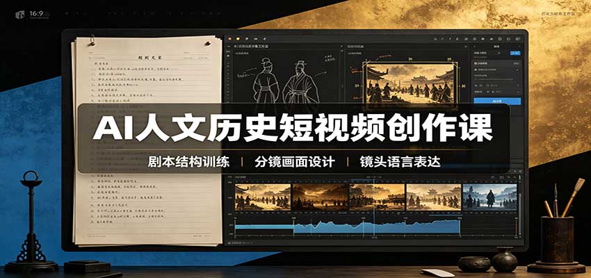 AI人文历史短视频创作课：赛道对标、剧本分镜制图，掌握视频完整产出流程创业吧,副业网,副业项目,网创项目,创业项目,赚钱平台,免费项目分享,手机搬砖,无货源电商,抖音工具箱,搬砖项目,网络赚钱,AI短剧,AI动漫制作创业吧