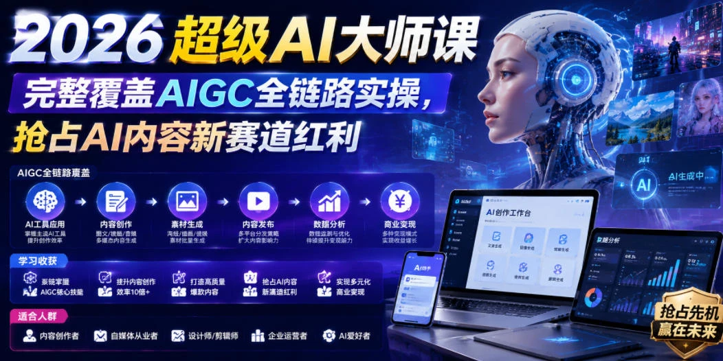 【精】2026超级AI大师课，完整覆盖AIGC全链路实操，抢占AI内容新赛道红利创业吧,副业网,副业项目,网创项目,创业项目,赚钱平台,免费项目分享,手机搬砖,无货源电商,抖音工具箱,搬砖项目,网络赚钱,AI短剧,AI动漫制作创业吧