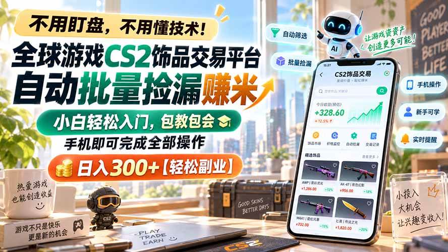 （20454期）全球游戏CS2饰品交易平台自动批量捡漏赚米，小白轻松入门，包教包会，手机即可完成全部操作，日入300+【轻松副业】创业吧,副业网,副业项目,网创项目,创业项目,赚钱平台,免费项目分享,手机搬砖,无货源电商,抖音工具箱,搬砖项目,网络赚钱,AI短剧,AI动漫制作创业吧