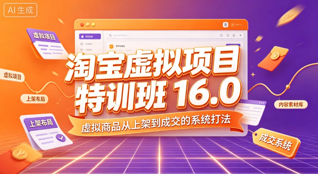 【精】淘宝虚拟项目特训班 16.0，虚拟商品从上架到成交的系统打法创业吧,副业网,副业项目,网创项目,创业项目,赚钱平台,免费项目分享,手机搬砖,无货源电商,抖音工具箱,搬砖项目,网络赚钱,AI短剧,AI动漫制作创业吧