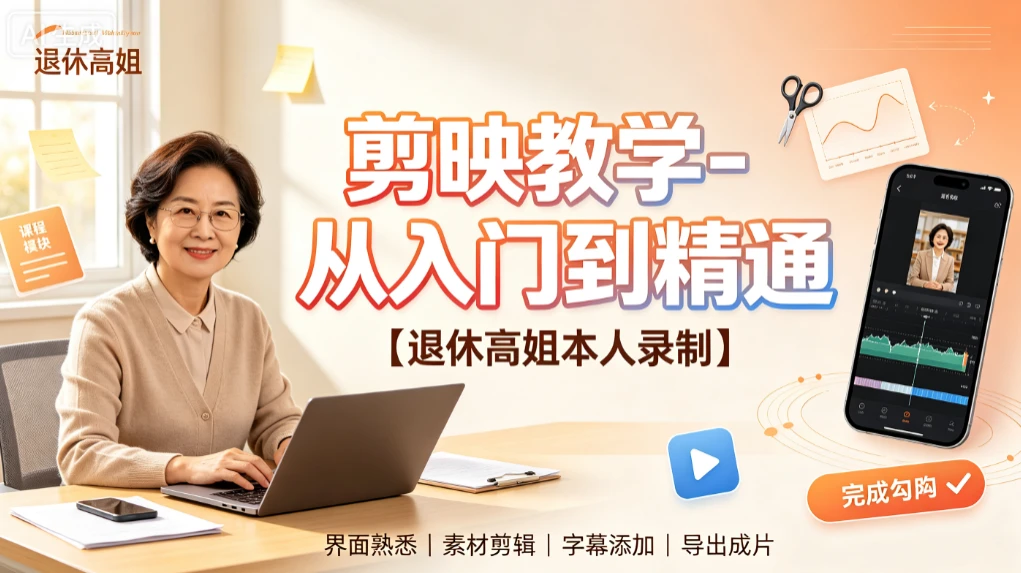 【精】剪映教学-从入门到精通，退休高姐本人录制，界面熟悉、素材剪辑、字幕添加、导出成片创业吧,副业网,副业项目,网创项目,创业项目,赚钱平台,免费项目分享,手机搬砖,无货源电商,抖音工具箱,搬砖项目,网络赚钱,AI短剧,AI动漫制作创业吧