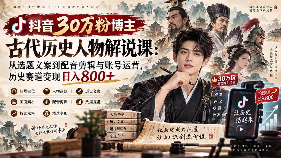 (20441期)抖音30万粉博主古代历史人物解说课:从选题文案到配音剪辑与账号运营,历史赛道变现日入800+创业吧,副业网,副业项目,网创项目,创业项目,赚钱平台,免费项目分享,手机搬砖,无货源电商,抖音工具箱,搬砖项目,网络赚钱,AI短剧,AI动漫制作创业吧