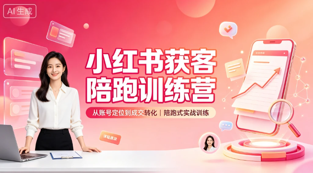 【精】小红书获客陪跑训练营，从账号定位到成交转化，陪跑式实战训练创业吧,副业网,副业项目,网创项目,创业项目,赚钱平台,免费项目分享,手机搬砖,无货源电商,抖音工具箱,搬砖项目,网络赚钱,AI短剧,AI动漫制作创业吧