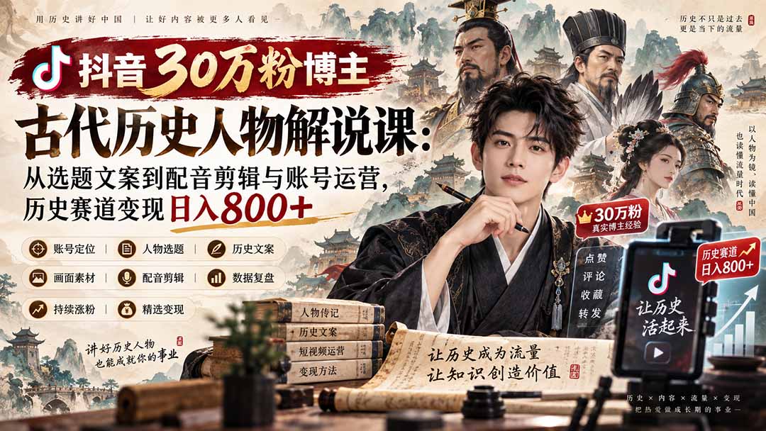 抖音30万粉博主古代历史人物解说课：从选题文案到配音剪辑与账号运营，历史赛道变现日入800+创业吧,副业网,副业项目,网创项目,创业项目,赚钱平台,免费项目分享,手机搬砖,无货源电商,抖音工具箱,搬砖项目,网络赚钱,AI短剧,AI动漫制作创业吧