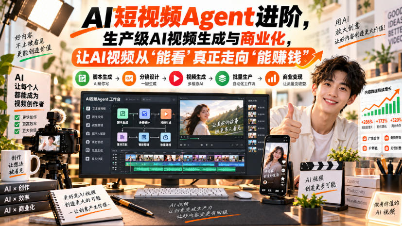 AI短视频Agent进阶，生产级AI视频生成与商业化，让AI视频从”能看”真正走向”能賺钱”创业吧,副业网,副业项目,网创项目,创业项目,赚钱平台,免费项目分享,手机搬砖,无货源电商,抖音工具箱,搬砖项目,网络赚钱,AI短剧,AI动漫制作创业吧