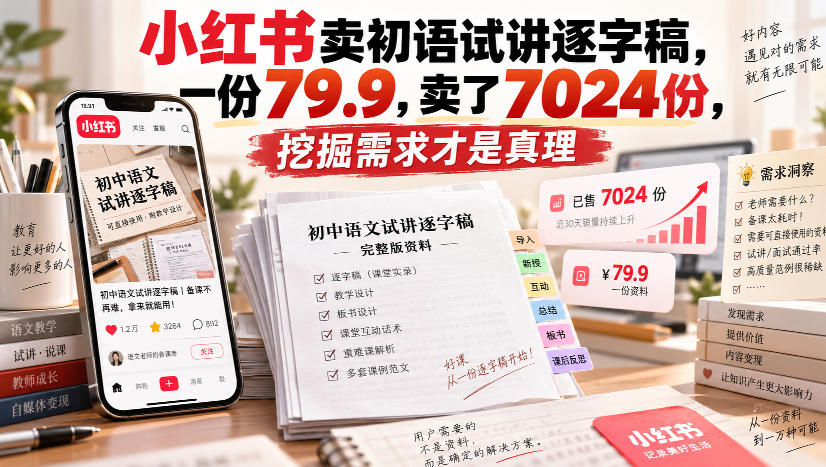 小红书卖初语试讲逐字稿，一份79.9，卖了7024份，挖掘需求才是真理创业吧,副业网,副业项目,网创项目,创业项目,赚钱平台,免费项目分享,手机搬砖,无货源电商,抖音工具箱,搬砖项目,网络赚钱,AI短剧,AI动漫制作创业吧