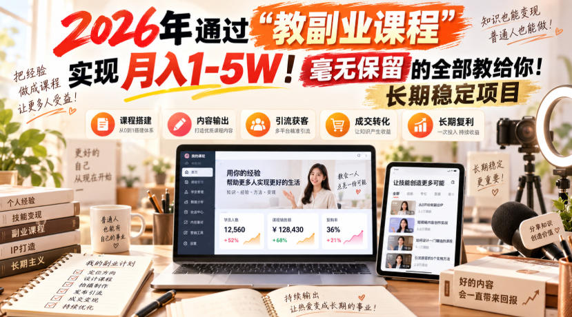 2026年通过“教副业课程”实现月入1-5W！毫无保留的全部教给你！长期稳定项目【揭秘】创业吧,副业网,副业项目,网创项目,创业项目,赚钱平台,免费项目分享,手机搬砖,无货源电商,抖音工具箱,搬砖项目,网络赚钱,AI短剧,AI动漫制作创业吧