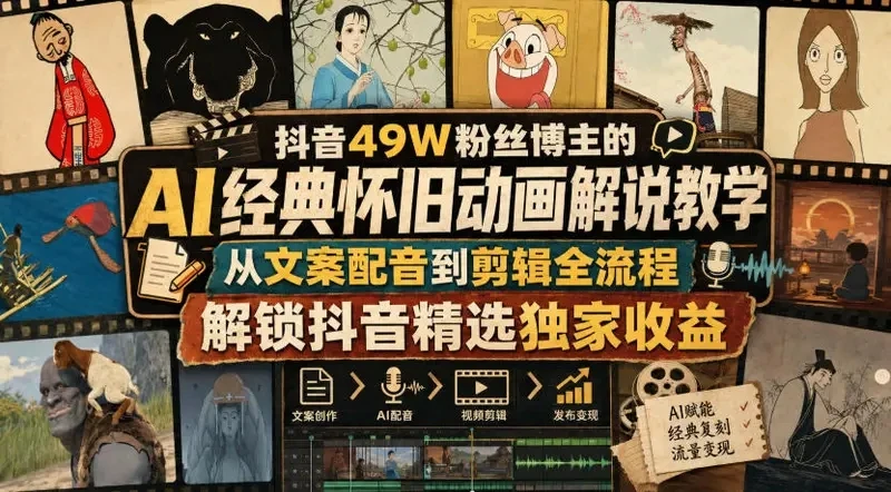 【精】抖音49W粉丝博主的AI经典怀旧动画解说教学创业吧,副业网,副业项目,网创项目,创业项目,赚钱平台,免费项目分享,手机搬砖,无货源电商,抖音工具箱,搬砖项目,网络赚钱,AI短剧,AI动漫制作创业吧