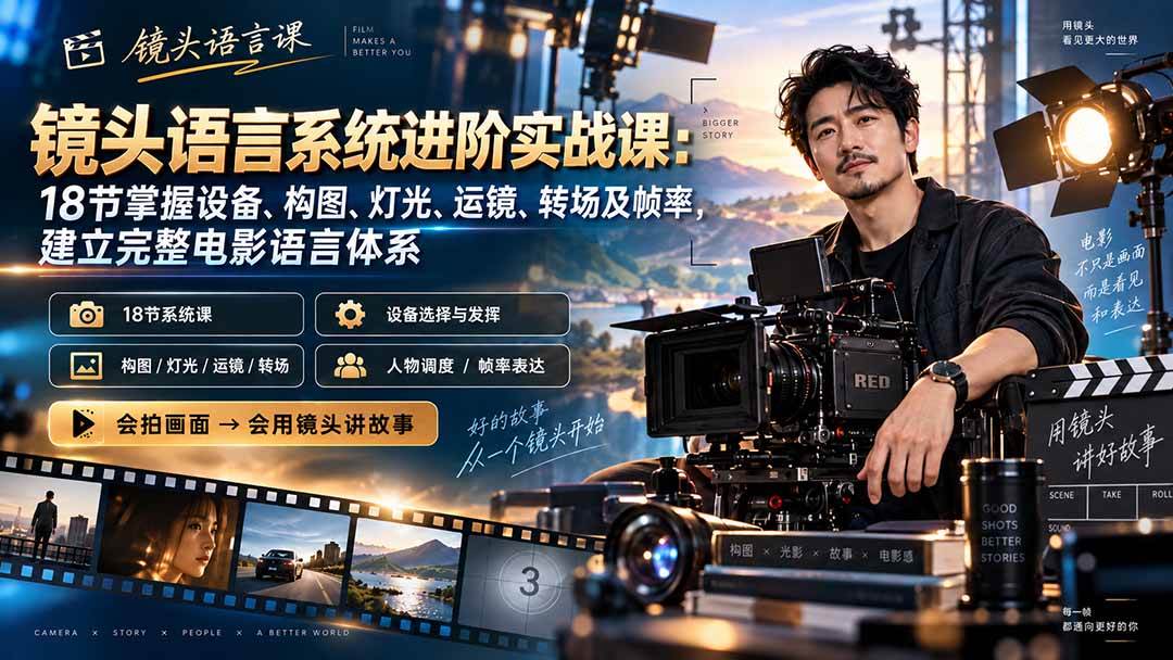 （20434期）镜头语言系统进阶实战课：18节掌握设备、构图、灯光、运镜、转场及帧率，建立完整电影语言体系创业吧,副业网,副业项目,网创项目,创业项目,赚钱平台,免费项目分享,手机搬砖,无货源电商,抖音工具箱,搬砖项目,网络赚钱,AI短剧,AI动漫制作创业吧