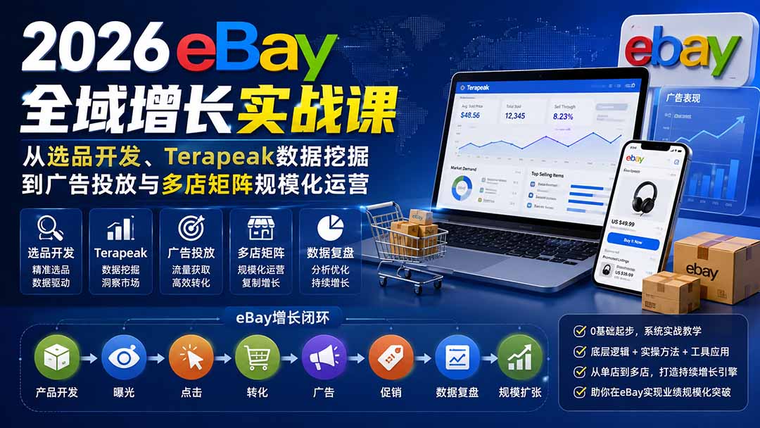 【精】2026Vincent eBay全域增长实战课：Terapeak选品开发与广告投放多店矩阵运营创业吧,副业网,副业项目,网创项目,创业项目,赚钱平台,免费项目分享,手机搬砖,无货源电商,抖音工具箱,搬砖项目,网络赚钱,AI短剧,AI动漫制作创业吧