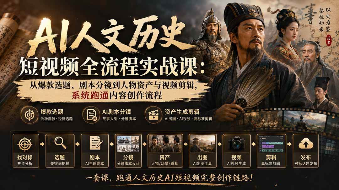 【精】AI人文历史短视频全流程实战课：从爆款选题、剧本分镜到人物资产与视频剪辑，系统跑通内容创作流程创业吧,副业网,副业项目,网创项目,创业项目,赚钱平台,免费项目分享,手机搬砖,无货源电商,抖音工具箱,搬砖项目,网络赚钱,AI短剧,AI动漫制作创业吧