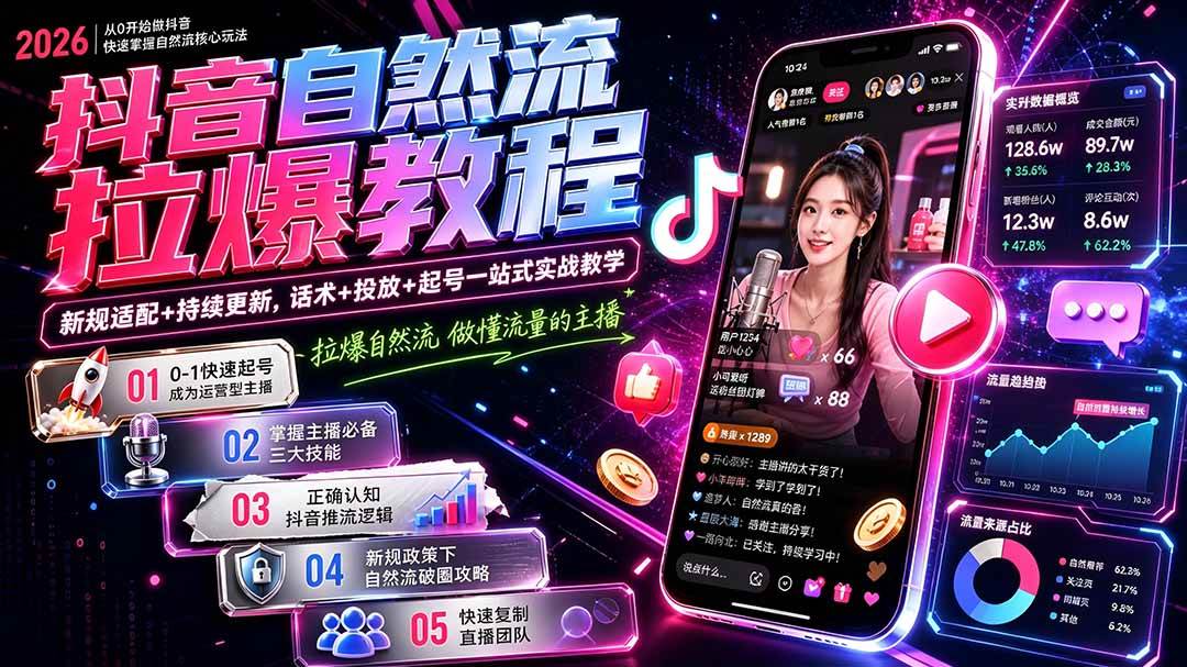 【精】抖音自然流拉爆教程-更新8月：做懂流量的主播，新规适配+持续更新，话术+投放+起号一站式实战教学创业吧,副业网,副业项目,网创项目,创业项目,赚钱平台,免费项目分享,手机搬砖,无货源电商,抖音工具箱,搬砖项目,网络赚钱,AI短剧,AI动漫制作创业吧