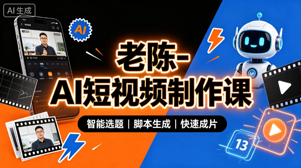 【精】老陈- AI短视频制作课，从选题到成片，AI工具实战，短视频增长创业吧,副业网,副业项目,网创项目,创业项目,赚钱平台,免费项目分享,手机搬砖,无货源电商,抖音工具箱,搬砖项目,网络赚钱,AI短剧,AI动漫制作创业吧
