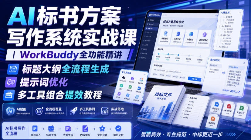 【精】AI标书方案写作系统实战课｜WorkBuddy全功能精讲・标题大纲全流程生成・提示词优化・多工具组合提效教程创业吧,副业网,副业项目,网创项目,创业项目,赚钱平台,免费项目分享,手机搬砖,无货源电商,抖音工具箱,搬砖项目,网络赚钱,AI短剧,AI动漫制作创业吧