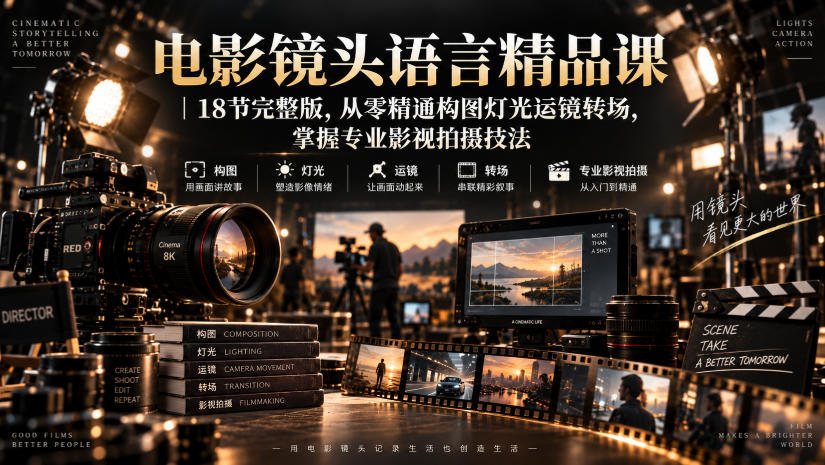 电影镜头语言精品课｜18节完整版，从零精通构图灯光运镜转场，掌握专业影视拍摄技法创业吧,副业网,副业项目,网创项目,创业项目,赚钱平台,免费项目分享,手机搬砖,无货源电商,抖音工具箱,搬砖项目,网络赚钱,AI短剧,AI动漫制作创业吧