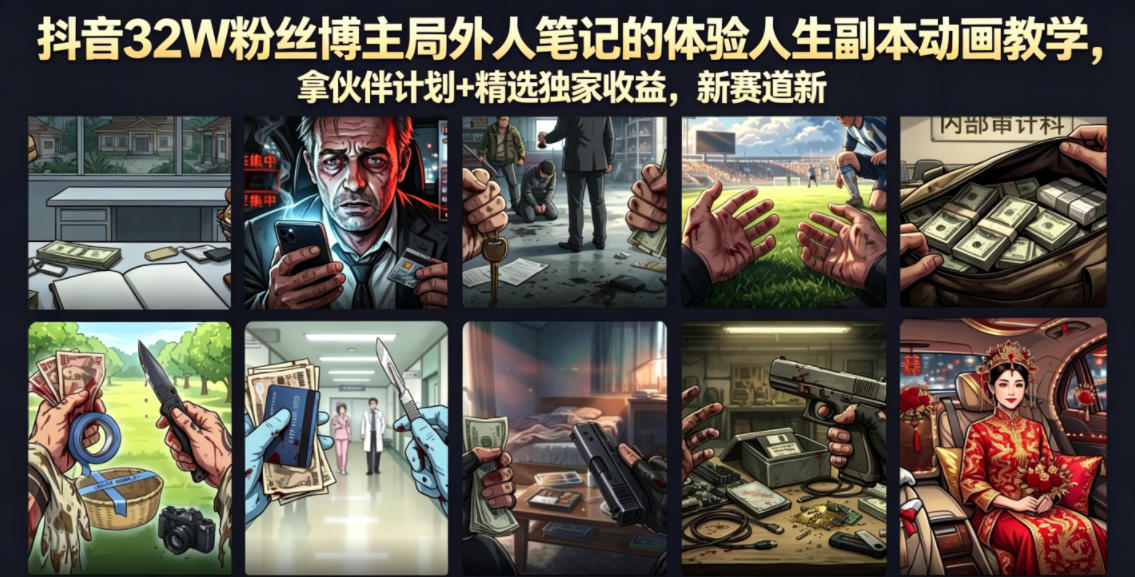 【精】抖音32W粉丝博主局外人笔记的体验人生副本动画教学，拿伙伴计划+精选独家收益，新赛道新涨粉快（录制版）创业吧,副业网,副业项目,网创项目,创业项目,赚钱平台,免费项目分享,手机搬砖,无货源电商,抖音工具箱,搬砖项目,网络赚钱,AI短剧,AI动漫制作创业吧